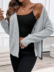 EMERY ROSE Casual Comfortable Hollow Diamond Pattern Cardigan For Women Everyday Light Grey Autumn - Grey - View 3