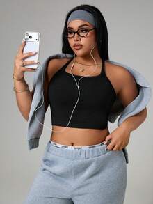 SHEIN Sports 大码女式无缝交叉露背运动背心 - 黑色 - 查看 7