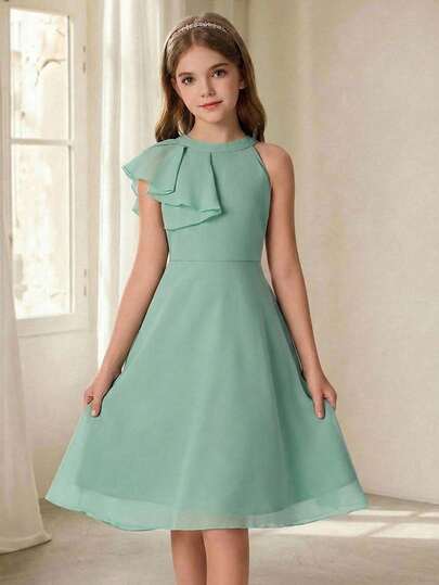 Pitira Kids Tween Girls Partywear Green Solid Chiffon Elegant Ruffle Shoulder Waist Cinched A-Line Knee-Length Chiffon Bridesmaid Dress, Suitable For Flower Girl, Wedding Season, Valentine's Day, Party, Birthday, Spring Festival And Other Occasions Tween Bridesmaid Dress A-Line Dress For Tween Girls Girls Wedding Guest Dress A Line Dress For Tween Girls Sage Green Girl Dress Ruffle Sleeve Girl Dress Sage Green Dress For Girls A Line Dress For Tween Girls For Wedding