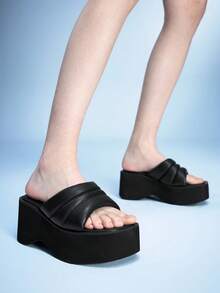 Sugerpunk Women's Black Triple Stripe Thick Sole Platform Slide Sandals - Black - View 1