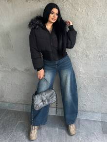 Dayanna Comas 女式冬季街头服饰基本款绗缝大衣，配法兰绒帽子 - 黑色 - 查看 6