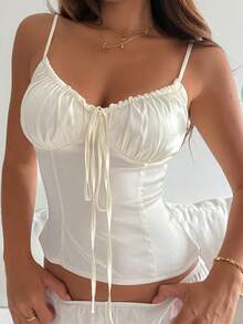 DAZY Top de satén con cuello de cordón y volantes, estilo romántico francés, para dormir - Beis - Ver 3