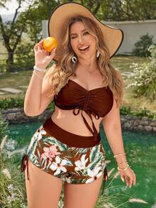 Swim Lushoire Plus Size Tropical Leaf Print Colorblock Swimwear Set - Brown - View 4