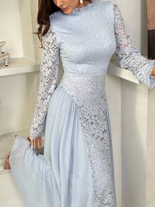 Modelyn 女士蕾丝拼接立领荷叶边下摆优雅长袖中长连衣裙 - 藍色 - 查看 7