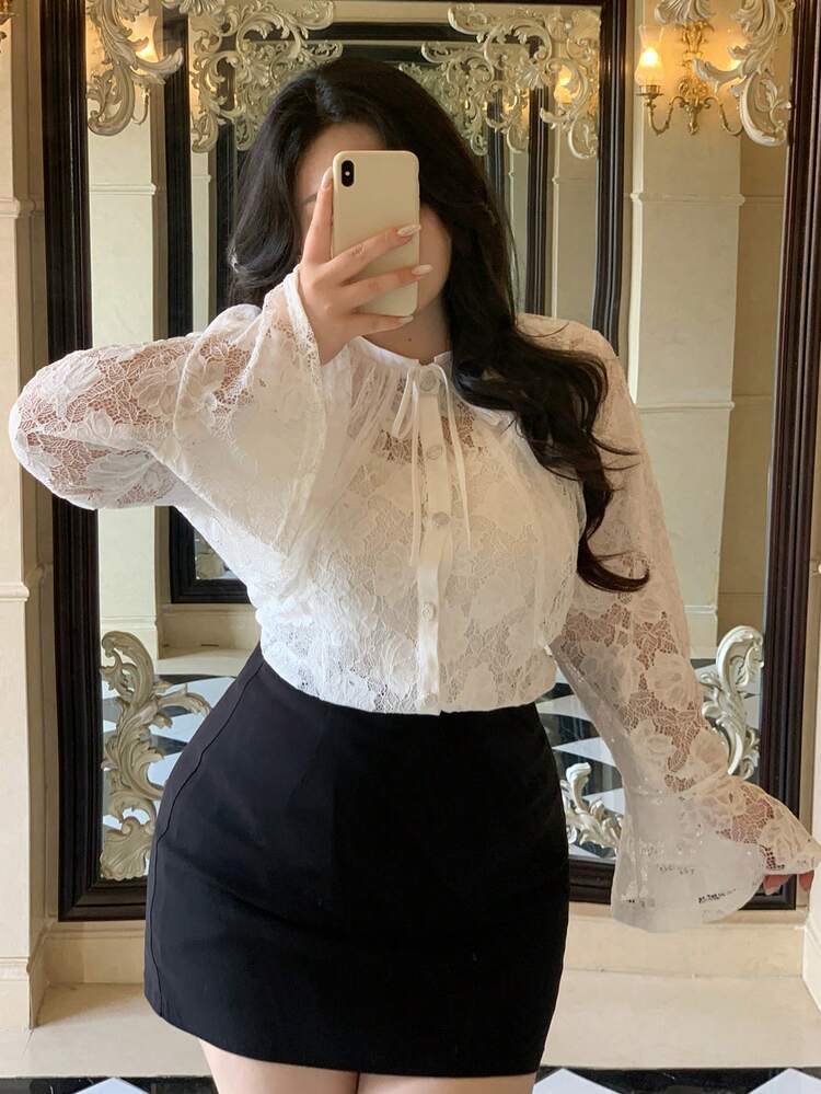 Dazy Plus Plus Size Elegant Lace Collar 2 In 1 Long Sleeve White Blouse