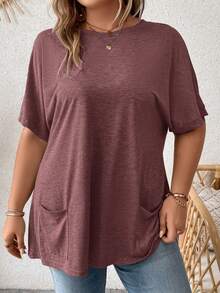 SHEIN LUNE Camiseta de manga de murciélago con bolsillos dobles, informal y de verano, talla grande - Burdeos - Ver 3