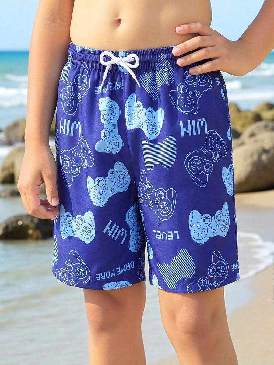 Fantacosmos Tween Boy Video Game Print Drawstring Waist Beach Shorts, Random Print Boys Royal Blue Swim Trunks Boys Bathing Suits Swim Trunks For Boys Boys Swimwear Tween Boys Swimwear Boys Board Shorts - Blue - View 1
