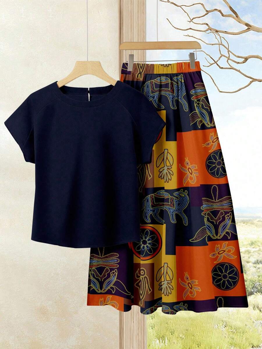 Rusticease 2pcs Women's Vacation Casual Navy Solid Top + Geometric Print Midi Skirt Set, Women Summer Outfit, Summer Midi Skirt Set, Midi Skirt Top Set, Women Midi Skirt Top Set, Print Midi Skirt Set - Multicolor - View 1