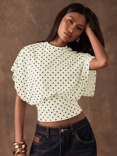 SHEIN BAE Women's Polka Dot Print Waist Cinched T-Shirt, Summer Fashion