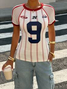 Muchica 女士休闲条纹数字印花撞色滚边修身T恤，夏季 - 紅白色 - 查看 3