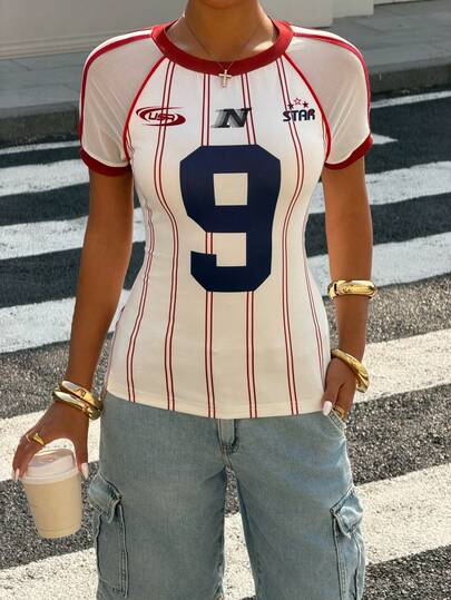 Muchica 女士休闲条纹数字印花撞色滚边修身T恤，夏季