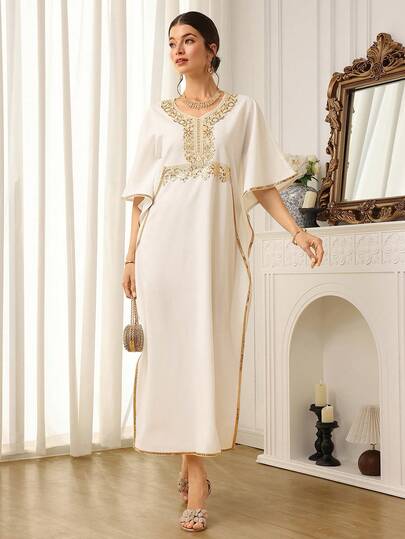 Al Najma Vestido de kaftan con cuello en V elegante, mangas de murciélago y dobladillo dividido con encaje de contraste para mujer