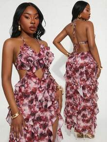 SHEIN SXY Plus Size Red Floral Tie-Dye Chiffon Ruffled Halter Dress With High Slit And Open Back; Long Swing Dress With Cutout Trim.Fashionable,Elegance,Sexy,Vacation,Valentine's Day,Wedding Guest,Vintage,Party,Prom,Printemps à été,Going Out,Vintage,Spring To Summer,Elegant Dresses For Women,Holiday Dress, Boho,Casual Dresses For Women,Festival Dress,Street Style Outfits - Multicolor - View 1