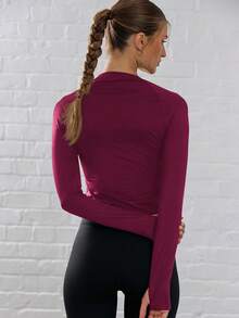 Musera Sport 长袖修身露脐运动上衣，带拇指孔，适合板式网球、网球、匹克球等运动。 - 酒紅色 - 查看 3