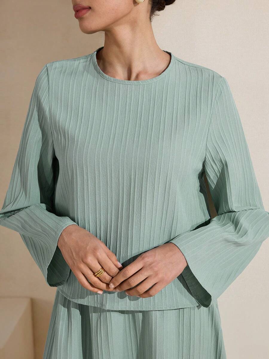 Graceveil 休闲纹理圆领绿色女士阿拉伯风格套装 - 綠色 - 查看 1