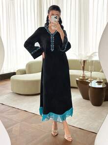 Layrah Comfortable Handmade Rhinestone Beaded Tassel Contrast Color Robe Robe - Black - View 7
