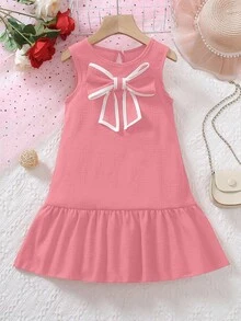 Elladie kids 1 Stück Kleine Mädchenkleid in Rot mit ärmellos, Rüschensaum und großer weißer Schleife, extrem süß, geeignet für wichtige Anlässe, Geburtstagsfeiern, Feste, Bühnenauftritte - Pink - Übersicht 3