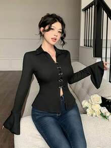 Modelyn Black Knit Ruffle Long Sleeve Shirt With Circular Decor, & Elegant Solid Color,Autumn,Seksi Chic,Club Classy Women Tops For Outings And Dates - Black - View 2