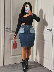 Slaydiva Gonna di jeans casual con orlo sfrangiato e blocchi di colore, taglie comode - Blu lavato scuro - Visualizzare 7