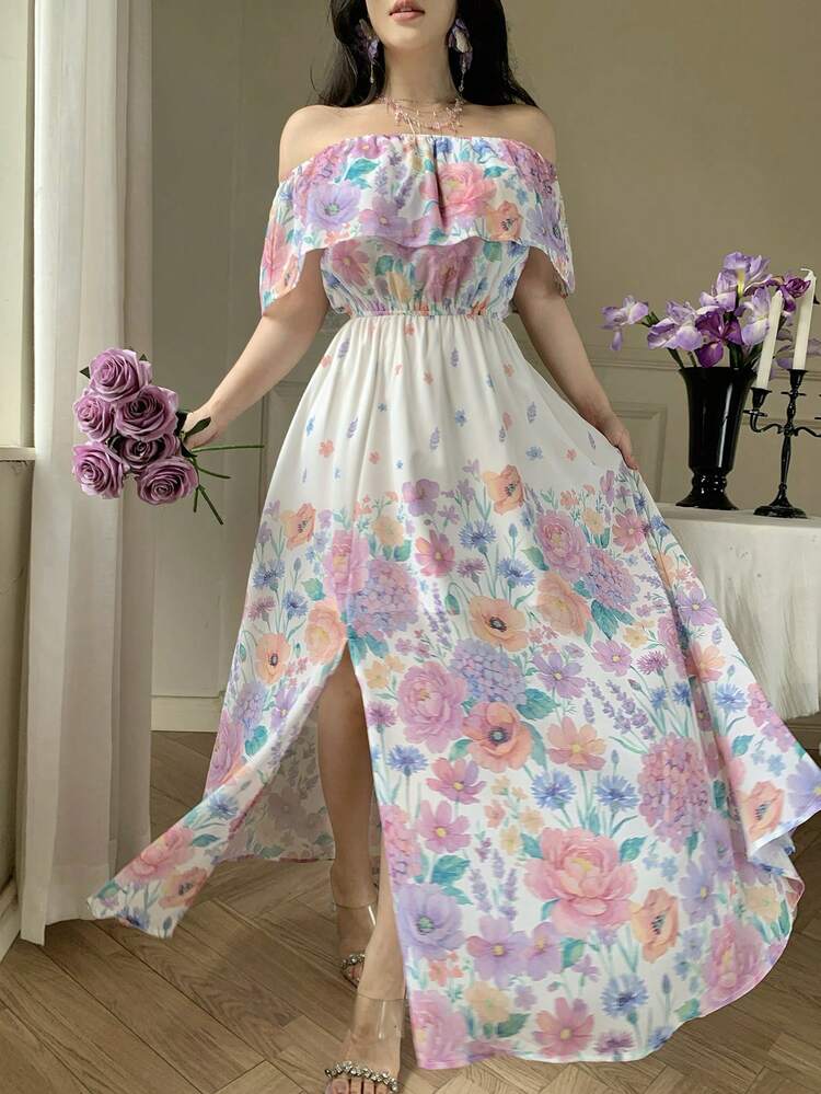 Off-Shoulder Ruffle Hem Dress, Women's New Waist-Cinching Slimming Floral Chiffon Dress, Elegant Vacation Dress Summer Boho