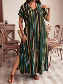 EMERY ROSE Plus Size Women's Black And Gold Striped Color Block Maxi Dress,Boho Summer Vacation Holiday Beach Long Dress,Spring Country Style Outfits Clothing - Fresh Green - View 3