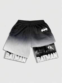 ROMWE MEN Batman X ROMWE 男士休闲运动渐变字母蝙蝠印花抽绳腰带短裤 - 彩色 - 查看 1