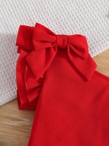 SHEIN Young Girl Summer Short Solid Color One-Shoulder Ruffle Bow Decor T-Shirt - Red - View 4