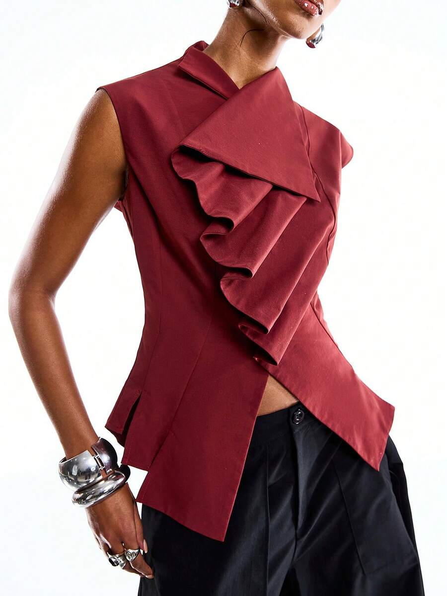 SHEIN EZwear Plus Size Women Solid Color Pleated Design Sleeveless Blouse - Red - View 1