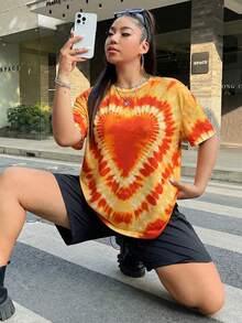 SHEIN EZwear 大码女式休闲扎染爱心印花宽松落肩T恤，适合夏季、度假、日常通勤、外出穿着，嬉皮风爱心图案T恤，女式扎染上衣。 - 橘色 - 查看 4