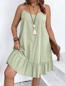 Breezaya Plus Size Solid Color Spaghetti Strap Ruffle Pleated Loose Summer Sleeveless Dress - Limelight Green - View 5