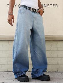 Manfinity EMRG Men's Casual Loose Fit Distressed Flared Leg Blue Jeans - Medium Wash - View 8