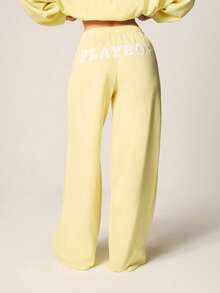 Missguided x Playboy 宽腿抽绳慢跑运动裤，配有弹性腰带和侧袋，休闲舒适 - 黃色 - 查看 2