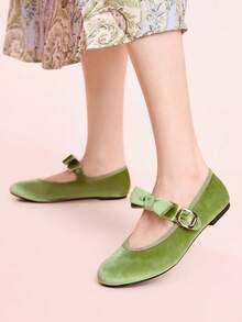 CUCCOO DOLLMOD French Word With Velvet Bow Mary Jane Female Retro Comfortable Women Wear Flat Dance Ballet Shoes Soft Sole Grandma Shoes Valentine's Day - Olive Green - View 3
