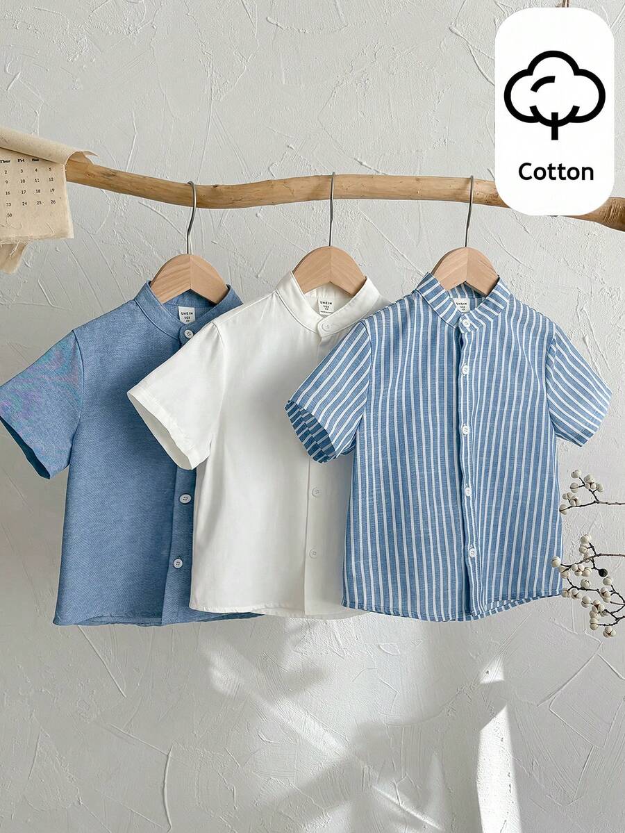 SHEIN 3pcs/Set Young Boys' Casual Striped Collar Short Sleeve Cotton Woven Shirts For Summer,Family Matching,Back-To-School,Toddler Boy Versatile Tops Set - Multicolor - View 1