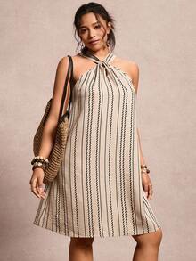 SHEIN VCAY Plus Size Summer Casual Striped Vacation Halter Dress - Khaki - View 4