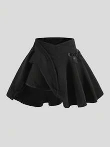 SHEIN 少女休闲度假交叉腰带蝴蝶结装饰A字裙，适合日常穿着、外出，Y2K风格 - 黑色 - 查看 5