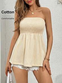 SHEIN Essnce 女士休闲纯色抹胸上衣 - 杏色 - 查看 3