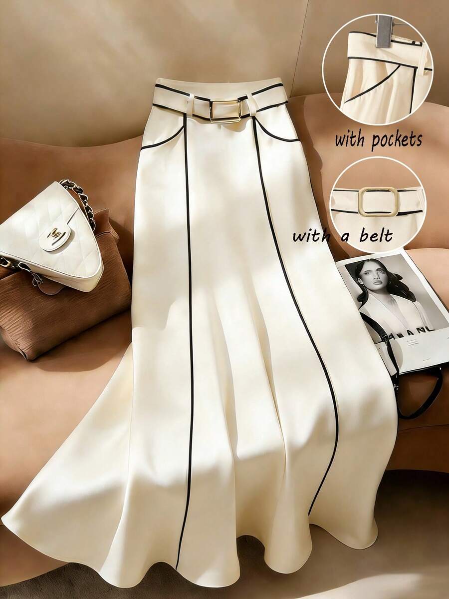 Franclia 女士优雅休闲纯色半身裙，撞色滚边，金属扣腰带，隐形拉链，斜插口袋，撞色设计，高质感通勤裤，宽松A字廓形