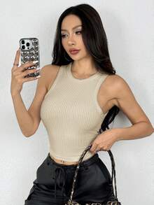 Comfortcana Women's Solid Color Ribbed Brushed Camisole, Suitable For Daily Wear - Apricot - View 6