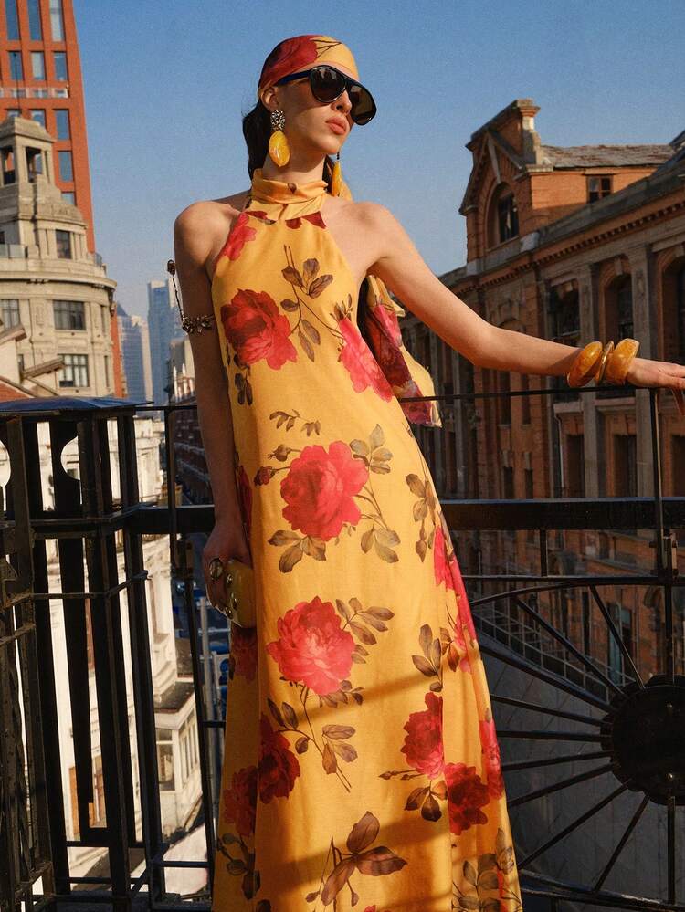 WOMEN'S ELEGANT ROSE PRINT DRESS WITH HALTER NECK, SUITABLE FOR SPRING/SUMMER DATES