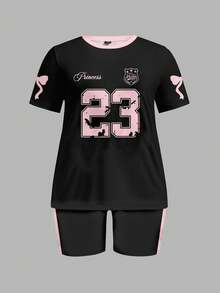 Slaydiva Bộ 2 áo thun tay ngắn in nơ hồng thể thao cỡ lớn số 23 và quần short, giản dị và tối giản - Nhiều màu - Xem 6