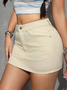 SHEIN PETITE Minifalda vaquera casual de uso diario para mujer con bolsillos y botones - Albaricoque - Ver 3