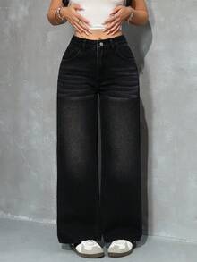 SHEIN PETITE Quần jeans ống rộng nữ có túi và cúc, kiểu dáng thường ngày, đa năng. - màu đen - Xem 3