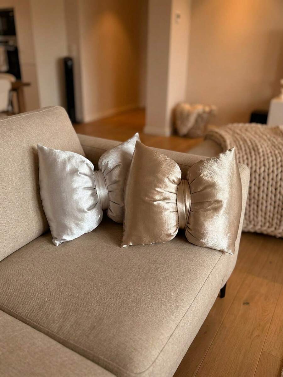 Cirelle Soft Satin Bow Pillow Cushion Gold Silver Home Decor Valentine's Day Present - Multicolor - View 1