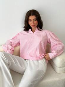 EURMUSE Pink & White Blouse With Pearl Sleeve Detail - Pink - View 5