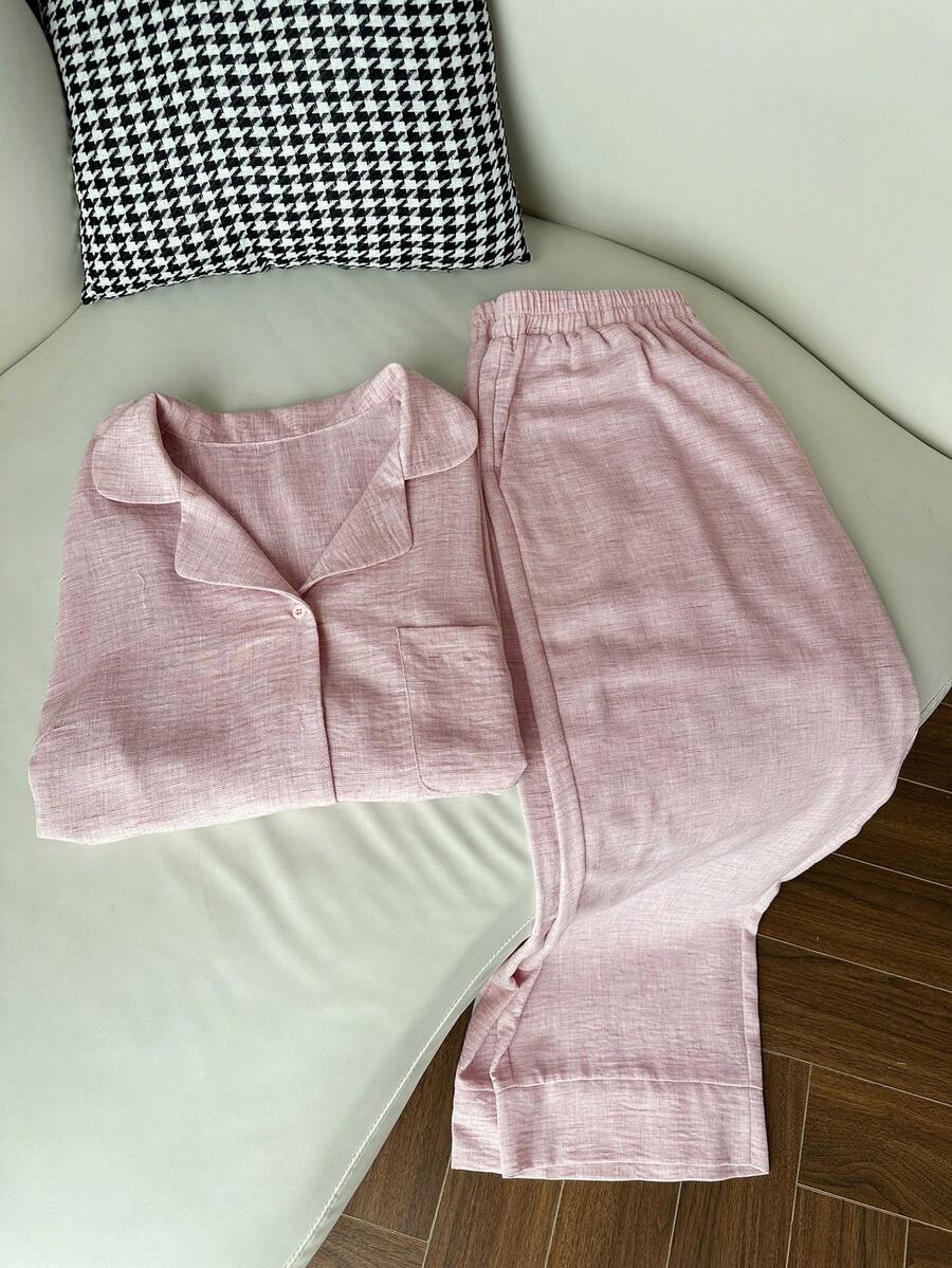 Dazy Plus Conjunto de pijama de talla grande con top de manga larga con botones y pantalones de unicolor - Rosa - Ver 1