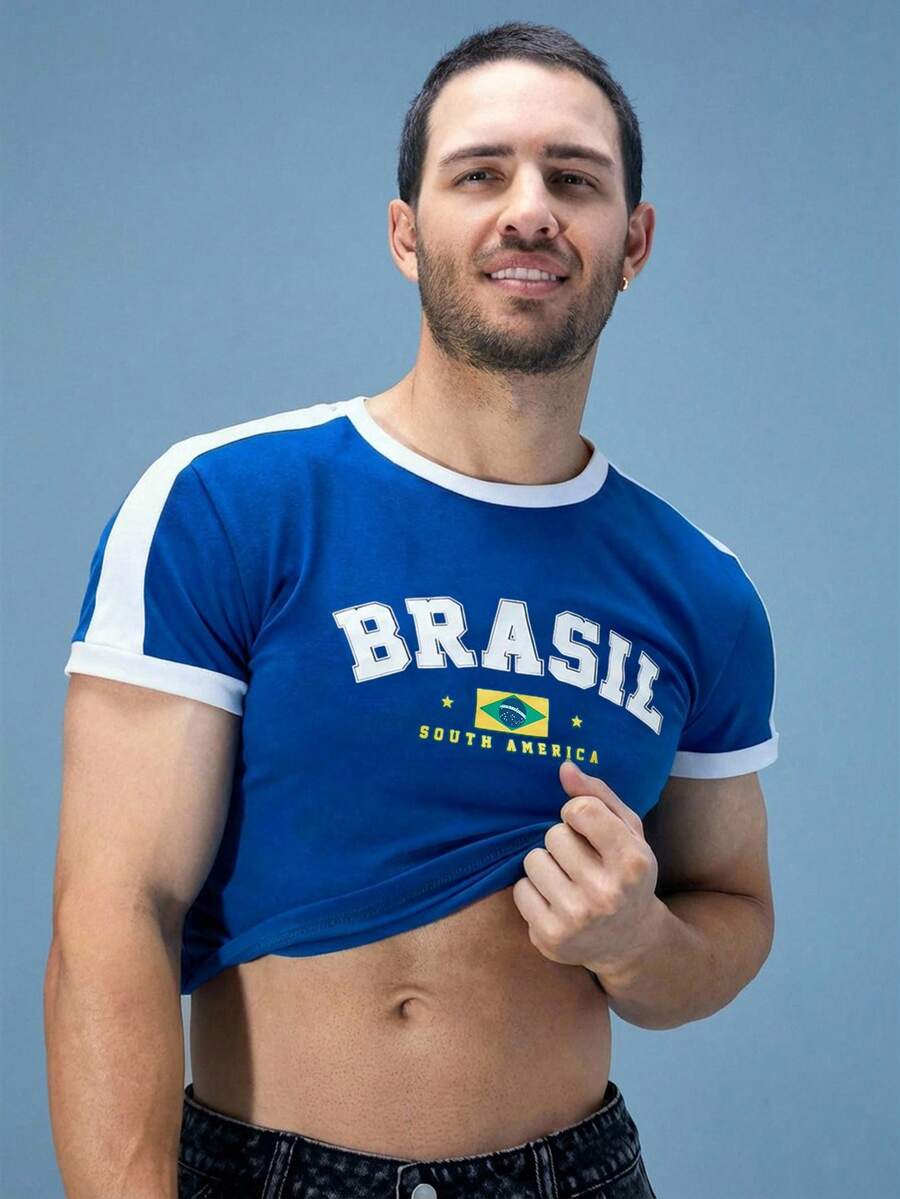 FeverCity Áo thun nam cổ tròn dáng ngắn in chữ Brazil, phối màu tương phản. - Xanh da trời - Xem 1