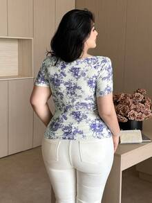 Vibekara Plus Size Graphic Print Ribbed Slim Fit Drawstring Short Sleeve T-Shirt Cleavage Top - Multicolor - View 2