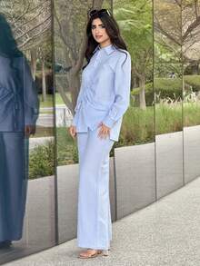 Veilorie Women's Elegant Casual Vacation Daily Commute Simple Solid Color Drawstring Tie Long Sleeve Shirt And Wide Leg Pants 2-Piece Set, Spring/Autumn - Blue - View 5