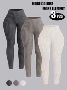 Airaco Bộ 3 chiếc quần legging nỉ gân màu trơn cỡ lớn. - Nhiều màu - Xem 1